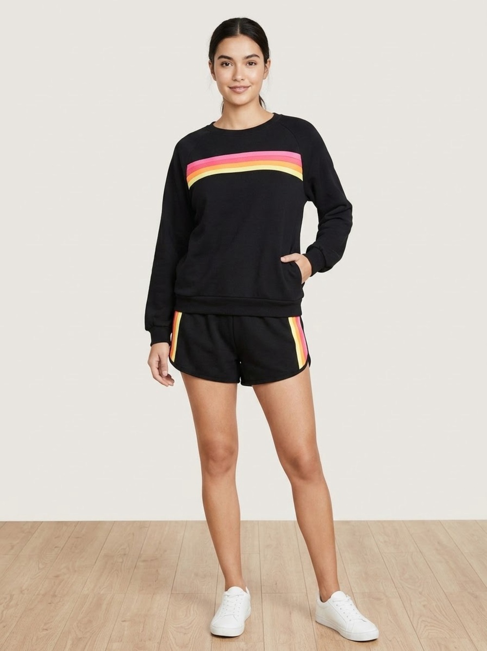 Neon Rainbow Stripe 2-Piece Lounge Set | Black Crewneck Sweatshirt & Shorts | XL